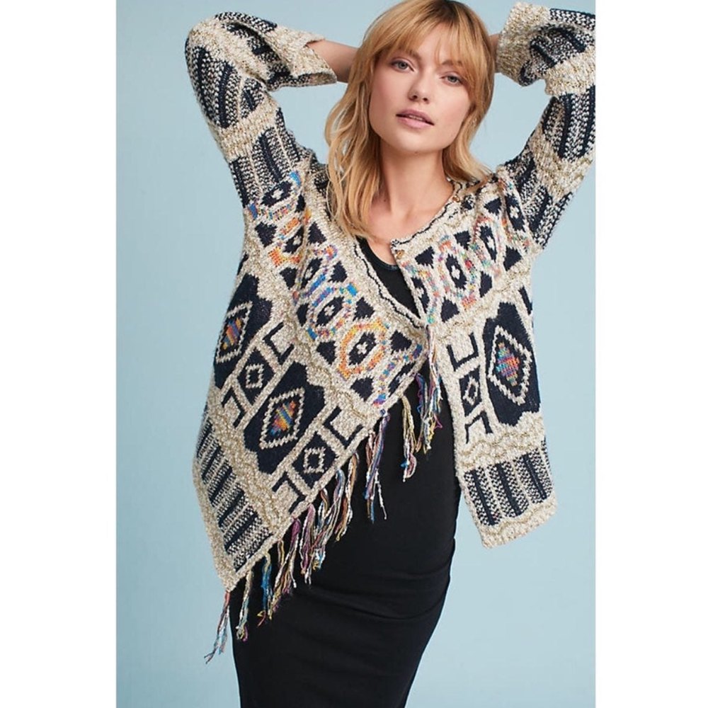 Anthropologie Cream and Navy Patterned Fringe Cardigan